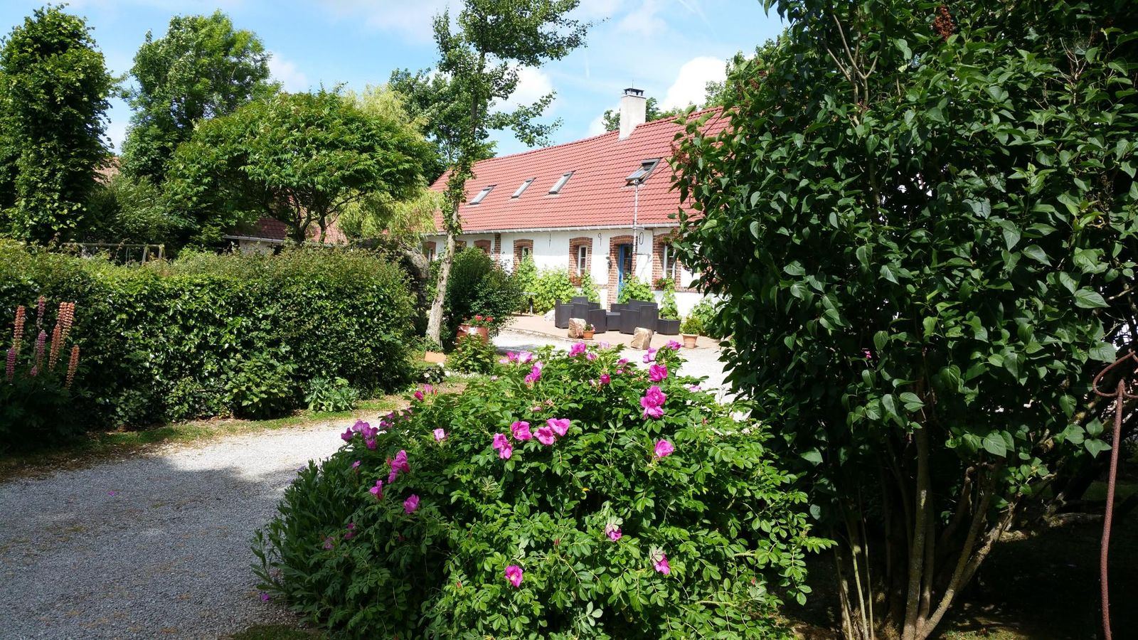 Façade fleurie du gîte le Catelet, roses et verdure devant la fermette au toit de tuiles rouges